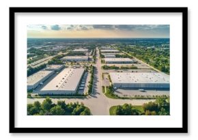 An aerial view of a modern industrial zone showcasing large warehouses and a broad central lot surrounded by vibrant greenery and trees