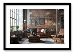 Living room interior in loft, industrial style, 3d render. 3D Render. Illustration