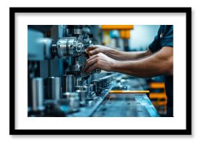 Engineer performing precision calibration checks on high-tech manufacturing equipment, focusing on detailed machinery and industrial technology in a professional factory environment 