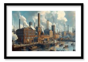 Industrial cityscape with old factories and smokestacks, representing the industrial revolution era and bustling economic activity.