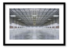 Concrete floor inside industrial building. Use as large factory, warehouse, storehouse, hangar or plant. Modern interior with metal wall and steel structure with empty space for industry background.