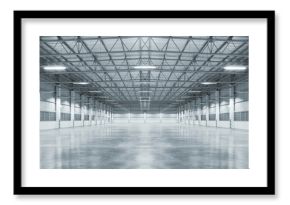 Concrete floor inside industrial building. Use as large factory, warehouse, storehouse, hangar or plant. Modern interior with metal wall and steel structure with empty space for industry background.