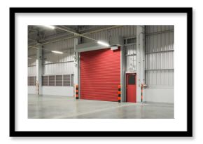 Roller door or roller shutter. Also called security door or security shutter with automatic system. For protection industrial building i.e. factory, warehouse, hangar, workshop, store, hall or garage.