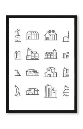 Factory and industrial vector line icon set. Included the icons as factory, silo, warehouse, workshop and more. 