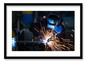 Workers wearing industrial uniforms and Welded Iron Mask at Steel welding plants, industrial safety first concept.