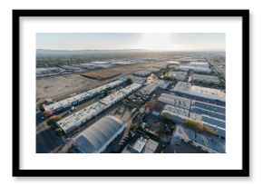 Late afternoon aerial view of industrial buildings near Burbank airport in Southern California.  