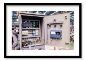 Electric control panel open enclosure for automatic circuit system in industrial factory, switchgear box technology on site