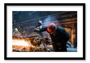 Industrial worker cutting and welding metal with many sharp sparks