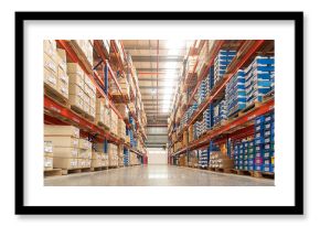 Rows of shelves with goods boxes in huge distribution .warehouse at industrial storage factory.