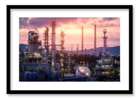Gas refinery plant on sunset sky background, Manufacturing of petrochemical industrial plant with distillation tower and gas storage sphere tank