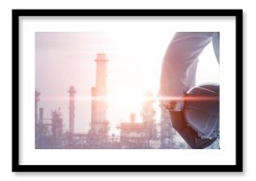 Future factory plant and energy industry concept in creative graphic design. Oil, gas and petrochemical refinery factory with double exposure arts showing next generation of power and energy business.