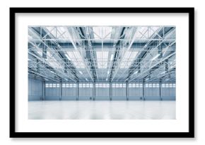 Steel construction factory building indoor general view as industrial 3D background copy space illustration.
