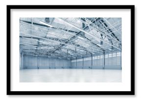 Steel construction factory building indoor angle view as industrial 3D background copy space illustration.