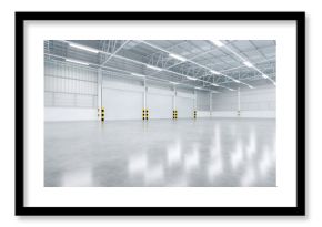 Roller door or roller shutter inside factory, warehouse or industrial building. Modern interior design with polished concrete floor and empty space for product display, industry background. 3d render.