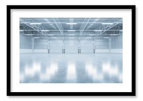 Roller door or roller shutter inside factory, warehouse or industrial building. Modern interior design with polished concrete floor and empty space for product display, industry background. 3d render.