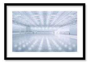 Hangar or industrial building. Protection with security door, roller door or roller shutter. Modern interior design with concrete floor, steel wall and empty space for industry background. 3d render.