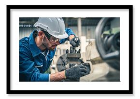 Male engineer in blue jumpsuit and white hard hat operating lathe machine. 