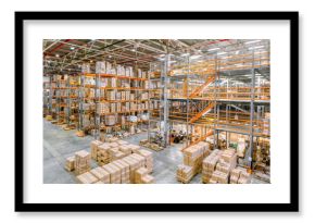 Large industrial warehouse. Tall racks are completely filled with boxes and containers.