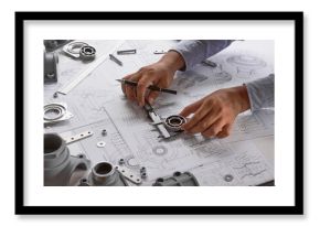 Engineer technician designing drawings mechanical parts engineering Engine.manufacturing factory Industry Industrial work project blueprints measuring bearings caliper tools
