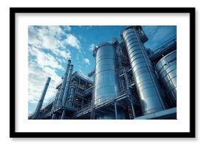 Low angle view of a large industrial plant with silver tanks against a cloudy blue sky on a bright day