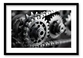 Close-up view capturing rotating gears and chain, revealing the intricate workings of an industrial mechanism, highlighting precision and power in motion within a complex system