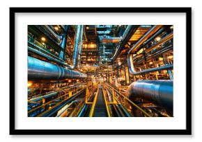 A complex industrial plant with numerous pipes, tanks, and machinery. The setting is industrial, with a focus on the industrial equipment and machinery.