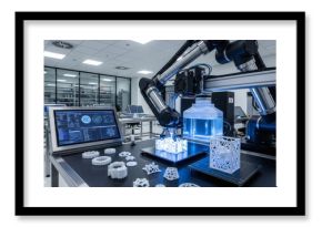 Modern industrial 3D printing facility with robotic arm and various printed components.