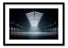 Dramatic interior view of a large, empty warehouse with an industrial design.