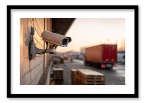 Surveillance camera on brick wall monitoring industrial area with red truck and pallets in background during golden hour light