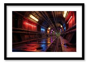 Cyberpunk tunnel with neon lights, dark industrial scene. Perfect for science fiction, futuristic concepts, digital art, gaming, and tech backgrounds, creating immersive visuals.