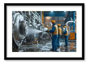 Workers in Safety Gear Pressure Washing Industrial Machinery for Efficient Maintenance