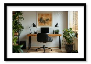 Stylish home office setup with a natural wood desk, lush indoor plants, and modern decor, Remote work inspiration, minimalist interior designs, workspace furniture advertisements concepts