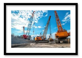 Massive cranes and loaders working at an industrial project.