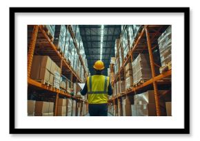 A warehouse worker in a reflective vest and hard hat checks inventory in a large facility. Tall shelves filled with boxes are organized for storage and shipment under bright industrial lighting.