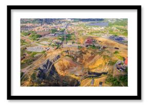 Aerial view of the falun mine with beautiful patterns and greenery, falun, sweden.