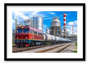 Freight train moving along a rail track through a vast industrial landscape Stock Photo with side copy space
