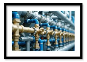 Close-up view of industrial pneumatic tools connected to a compressed air system, Complex industrial machinery, intricate valves and fittings, brass and steel components, pneumatic tubing
