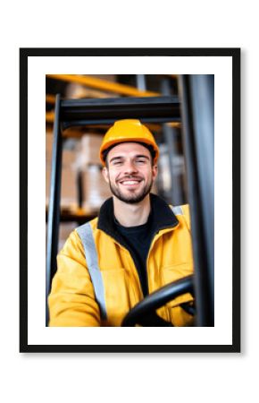Portrait of a smiling male employee driving a forklift against the backdrop of a production warehouse