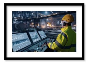 A steel mill operator monitors AI-driven temperature controls in a high-tech industrial environment showcasing advanced technology and professional safety measures