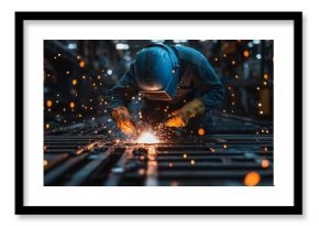 A man in a blue helmet is working on a piece of metal
