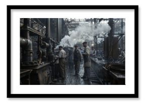 Factory workers in heavy industrial machinery hall during Victorian era, steam rising from pipes, wearing period clothing and caps, atmospheric moody lighting
