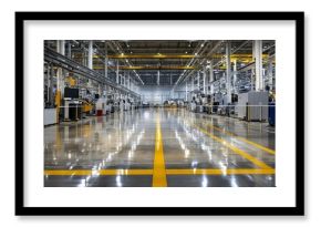 Modern factory interior with polished floor, machinery, and overhead cranes.