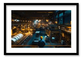 A lone worker in a hard hat stands overlooking a massive, brightly lit industrial factory at night.  The vastness of the facility and complex machinery is impressive.