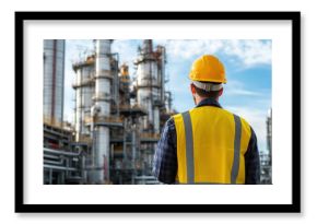 worker in yellow safety vest and helmet observes industrial site, showcasing complex of tall structures and machinery under blue sky