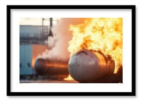 Intense industrial fire engulfs large fuel tanks amidst factory background.