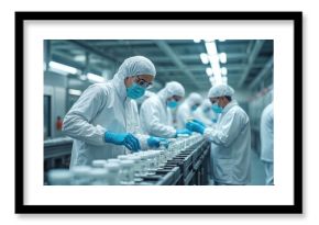 Researchers in sterile protective suits develop new drugs in pharmaceutical factory lab. Workers in masks check container bottles on production line. Automated biopharmaceutical manufacturing.