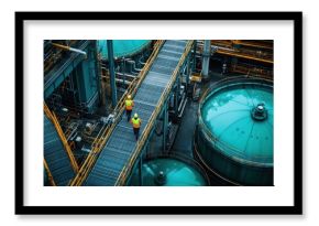 Refinery workers walk elevated walkway, industrial complex background, safety inspection