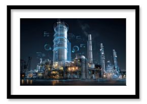 futuristic refinery powered by clean technology is depicted with digital overlays, showcasing blend of industrial architecture and advanced technology. scene is illuminated against night sky