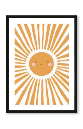 Cute Yellow Smiling Sun. Scandinavian Style Kids Room Decoration. Hand Drawn Cheerful Nursery Graphic Design. Isolated Vector Illustration. Ideal For Card, Invitation, Wall Decal, Poster and Other. 