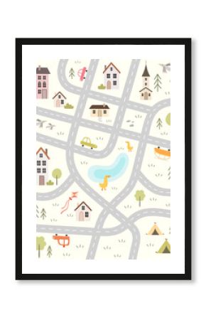 Children's illustration with road map, cars and houses in cartoon style. Cute poster for nursery room design, cards, prints. Hand drawn vector poster